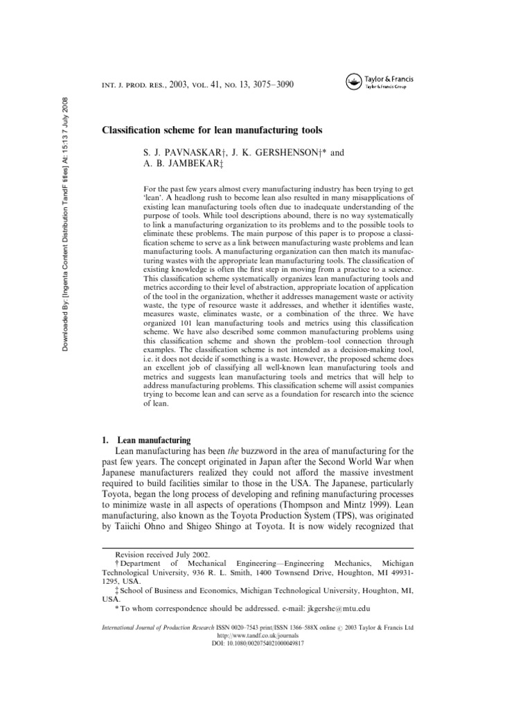 Lean Manufacturing Tools Classification | PDF | Lean Manufacturing ...