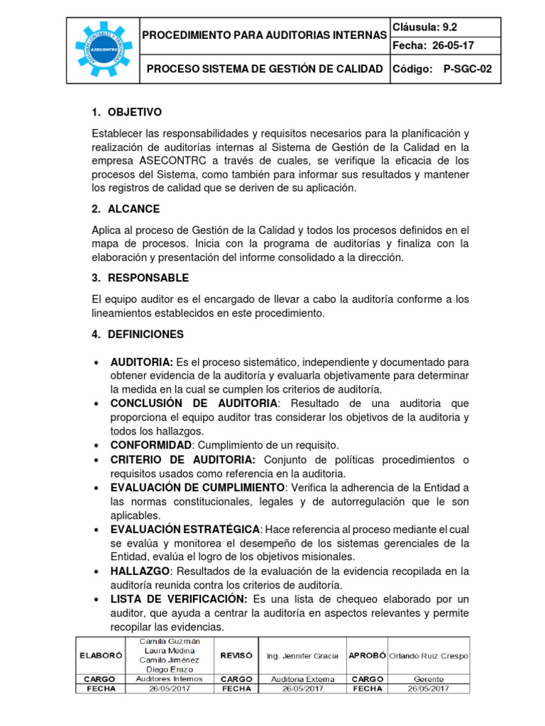 Procedimiento 2 Auditoria Interna de Calidad Iso 9001 | PDF | Contralor ...