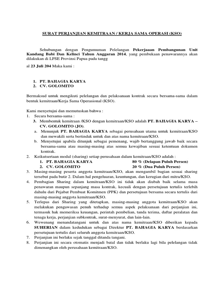 Surat Perjanjian Kemitraan Kso Pdf