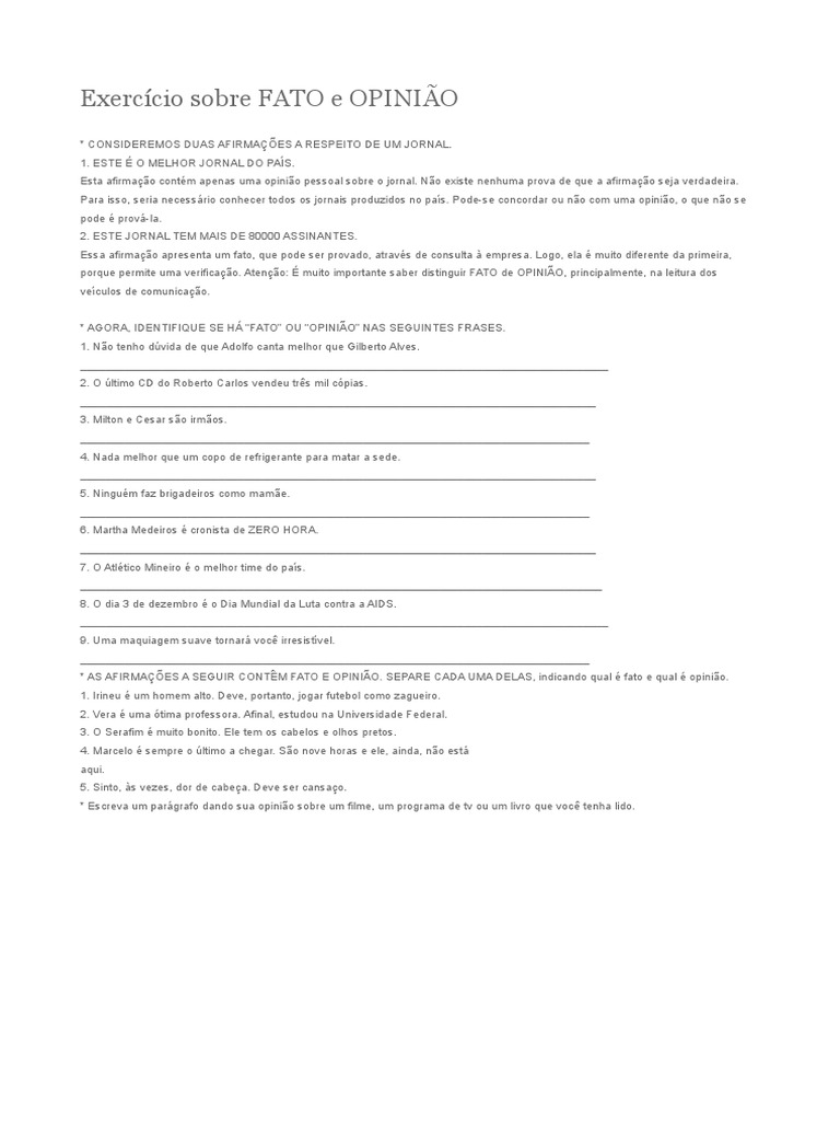 Exercícios sobre Fato e Opinião | PDF | Jornais | Lazer