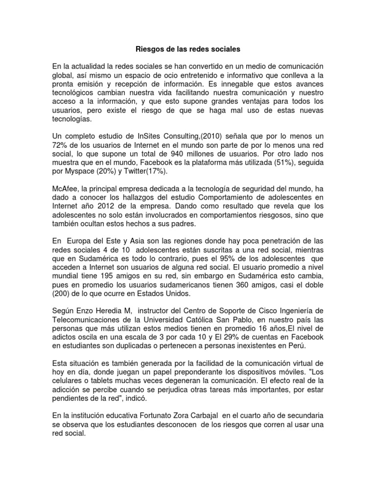 Riesgos de las Redes Sociales en Adolescentes | PDF | Servicio de redes ...