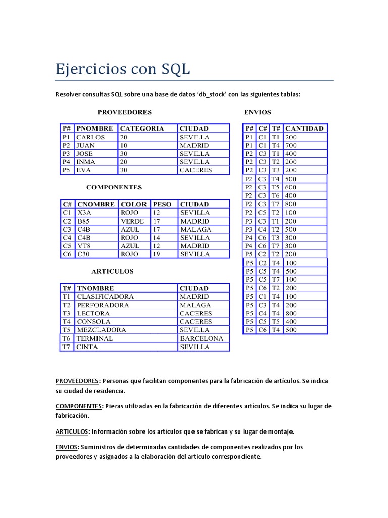 Ejercicios SQL sobre base de datos db_stock | PDF | SQL | Tabla (base ...