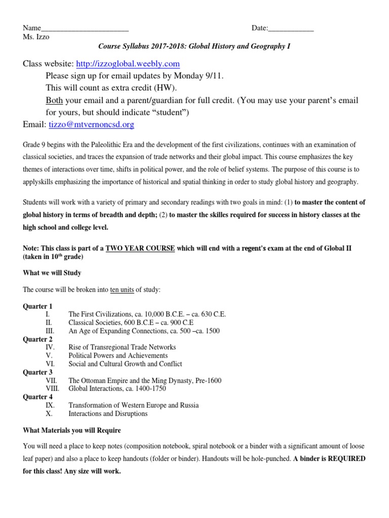 17-18 Syllabus GH 9 | PDF | Homework | Cognition