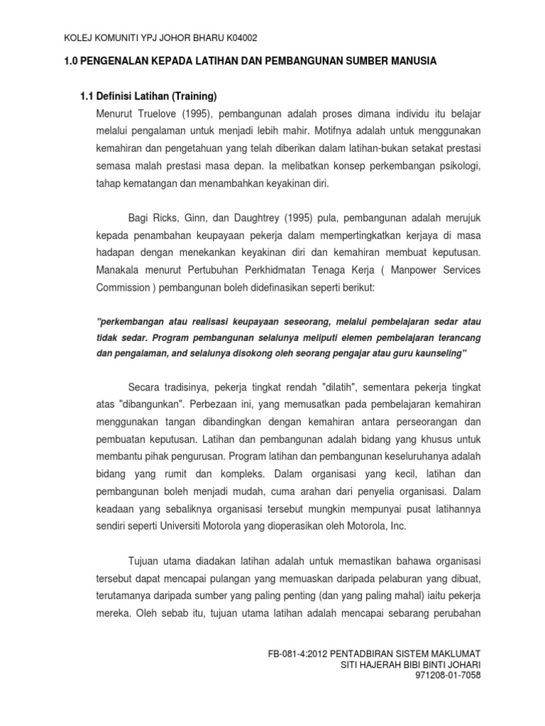 Peranan Program Latihan Sumber Manusia Dalam