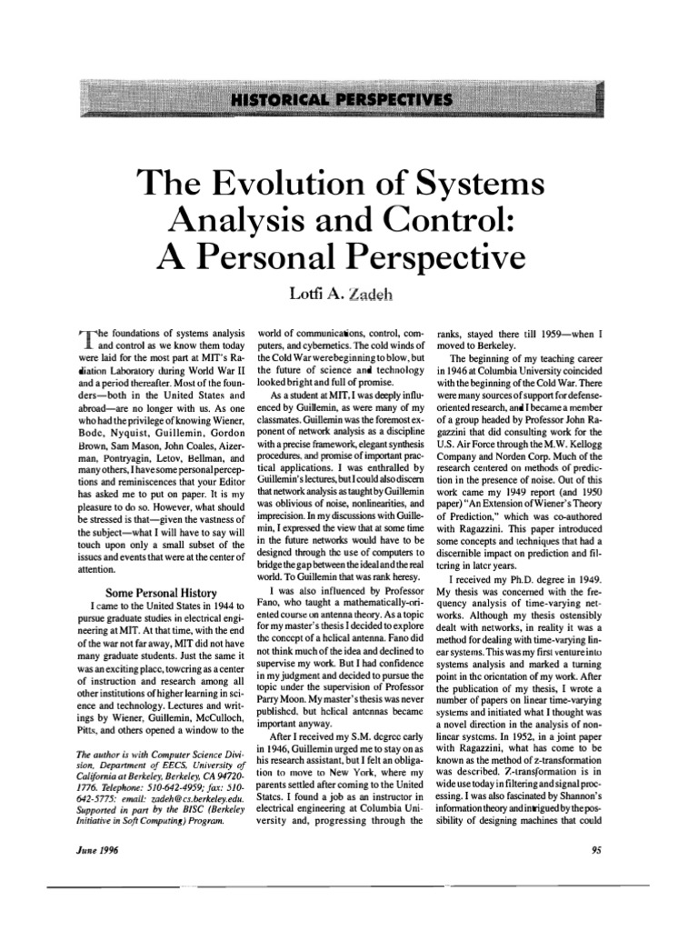 The Evolution of Systems Analysis and Control A Personal Perspective ...