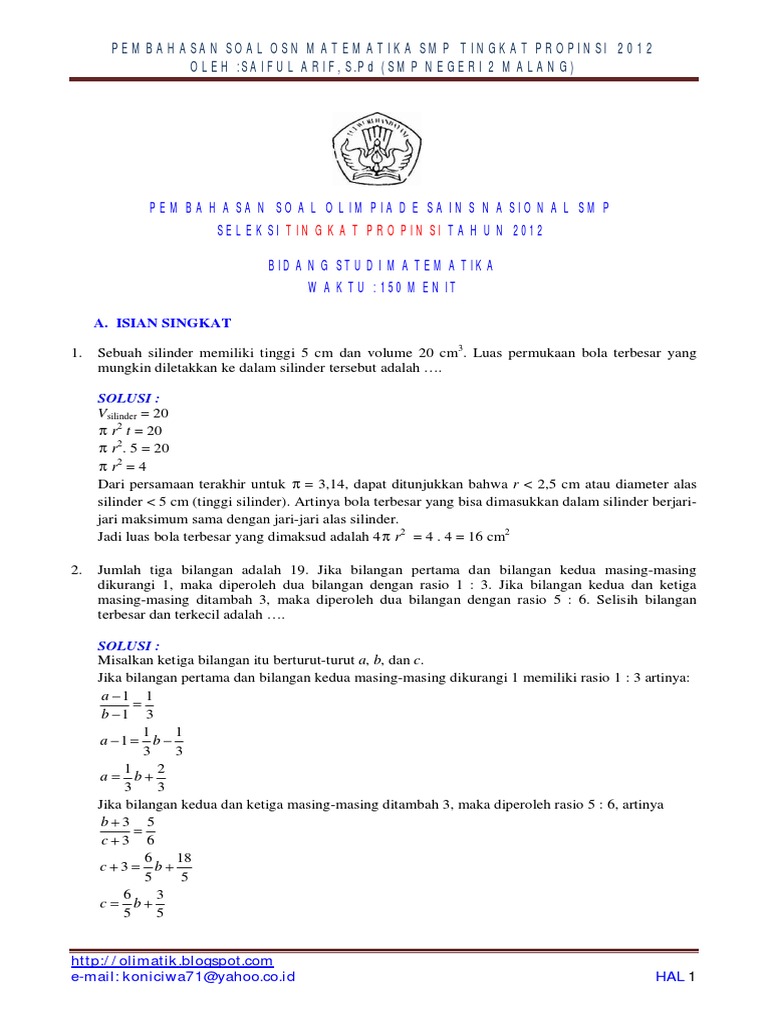 96765010 Pembahasan Soal Osn Matematika Propinsi 2012