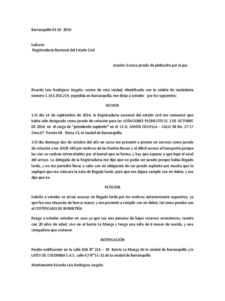 Excusa Jurado de Votación, Carta de Solicitud 