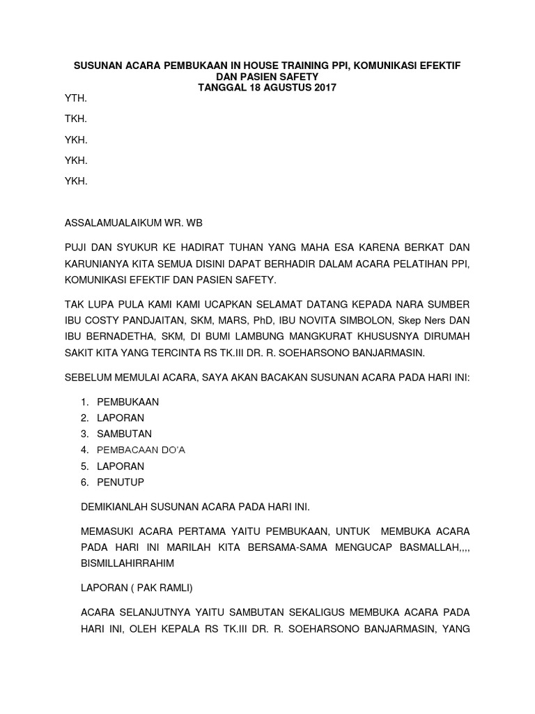 Susunan Acara Pembukaan in House Training Ppi
