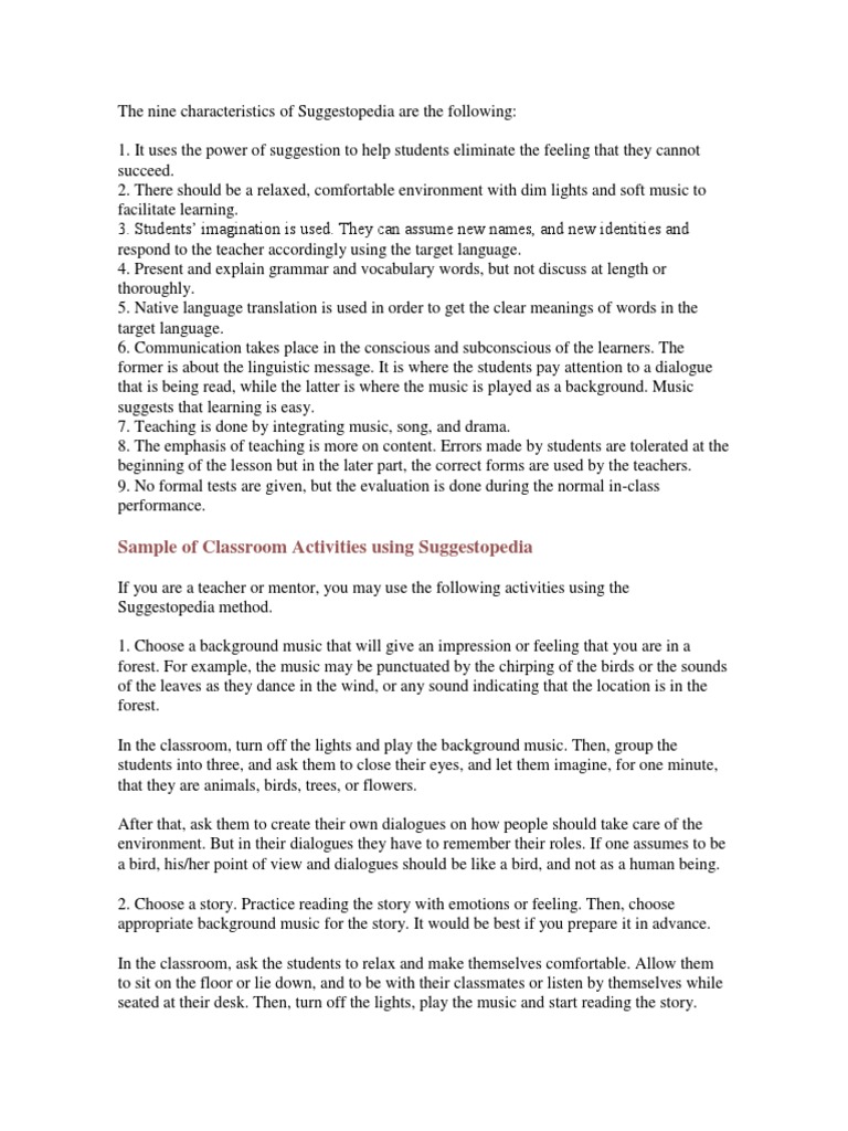 Characteristics of Suggestopedia and Sample Activities PDF Second