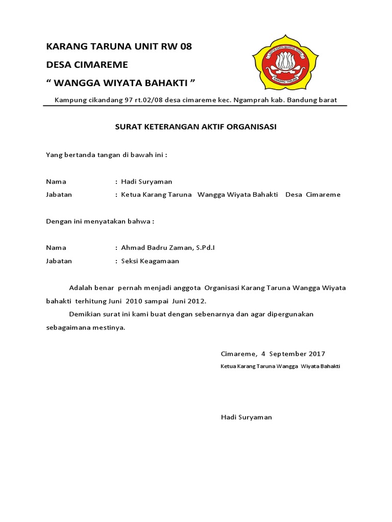 Contoh Surat Aktif Organisasi Karang Taruna Bertemuco