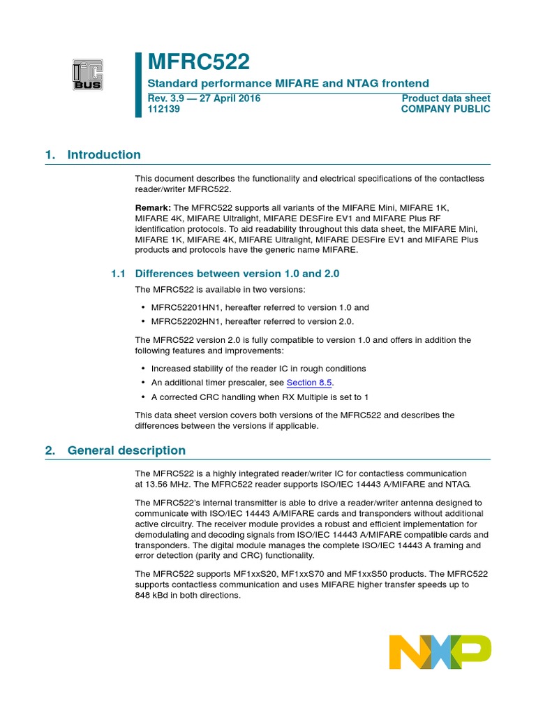 MFRC522: Standard Performance MIFARE and NTAG Frontend | PDF ...