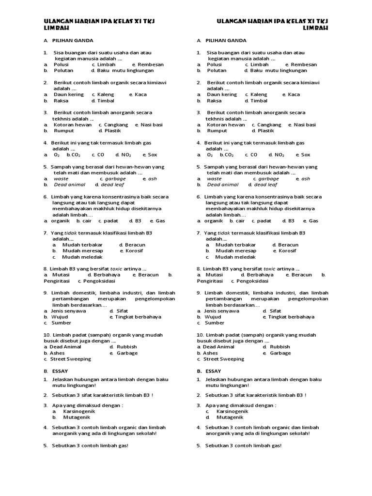 Soal Ipa Smk Kelas X Materi Limbah