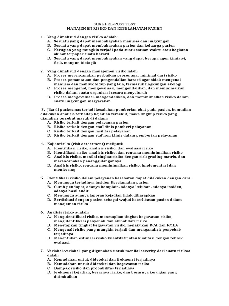 Soal Pre Post Test Manajemen Risiko