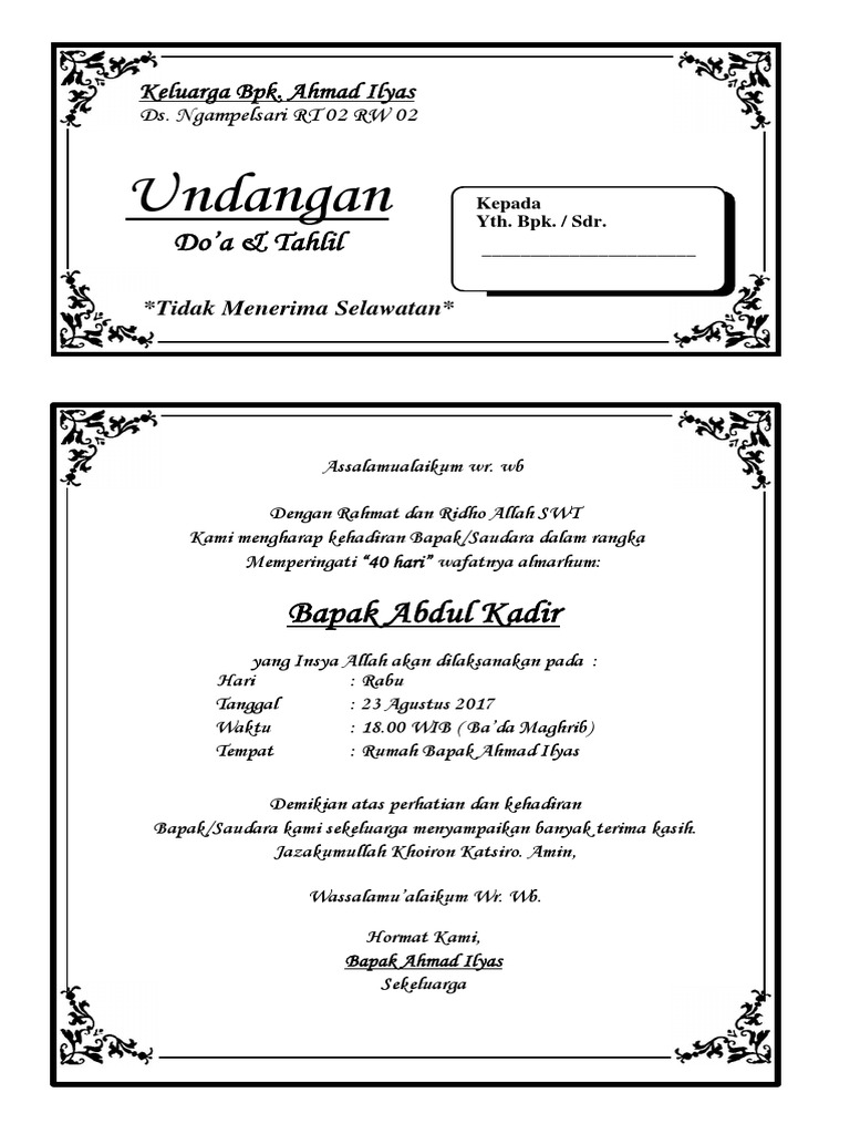 Contoh Undangan Tahlil