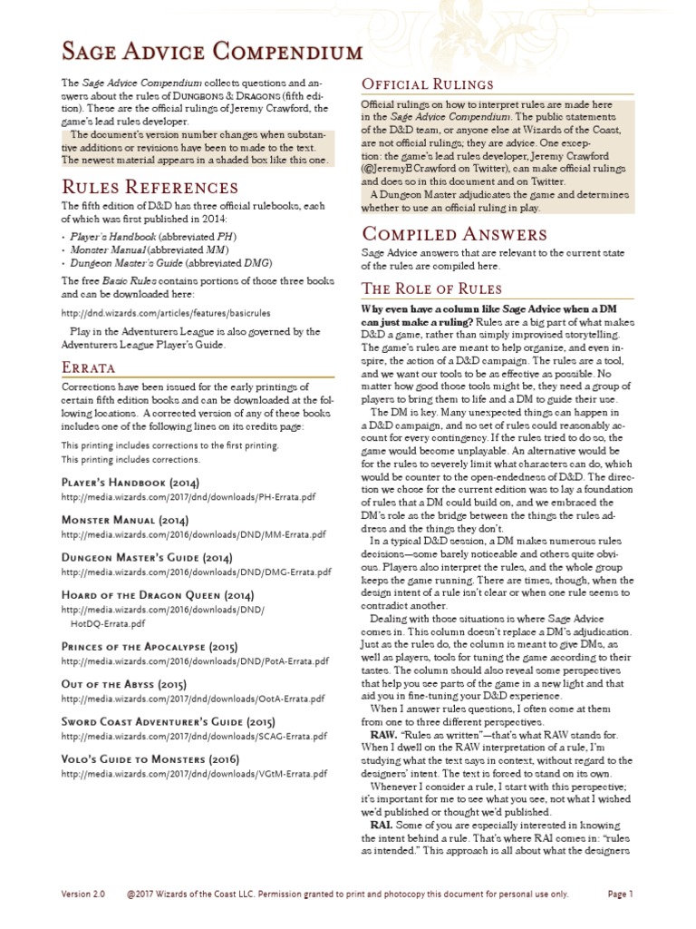 Sage Advice Compendium Rules References Compiled Answers PDF Dungeons & Dragons Magician