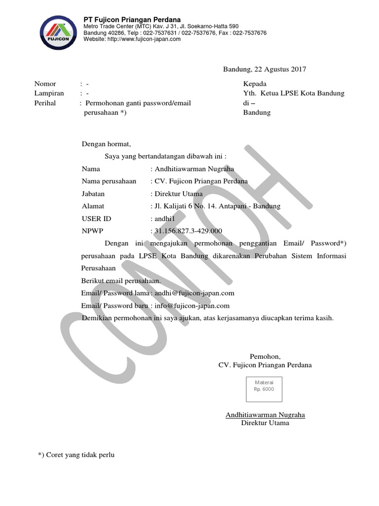Contoh Surat Permohonan Ganti Email Perusahaan Lpse