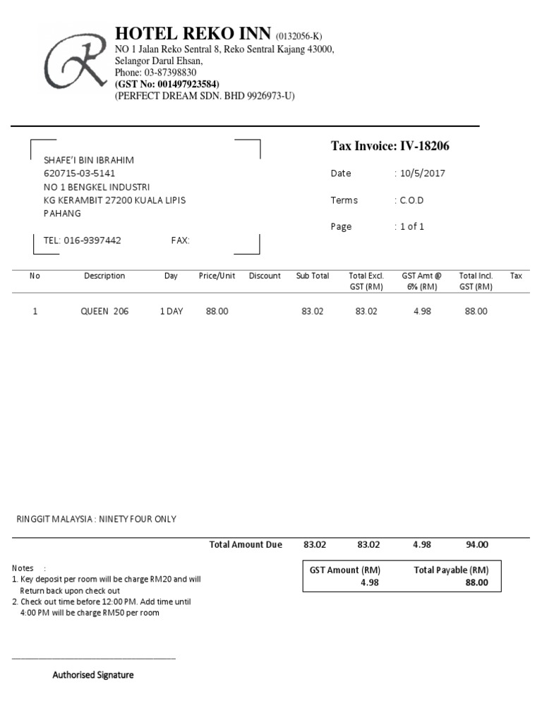 Hotel Reko Inn Tax Invoice Details | PDF