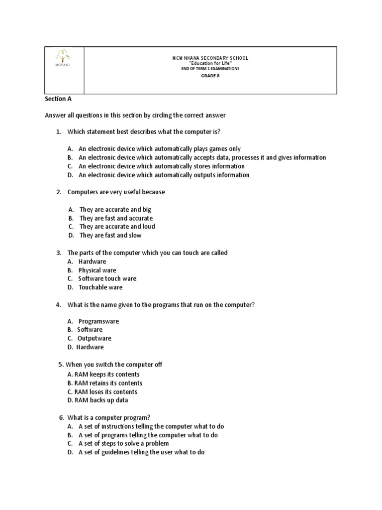 Grade 8 Computer Studies end of term 1 test.docx | Computer Hardware ...