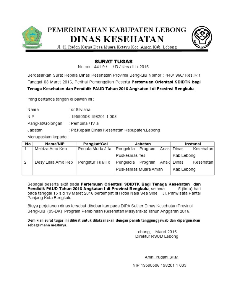 Contoh Surat Tugas Perjalanan Dinas Kesehatan