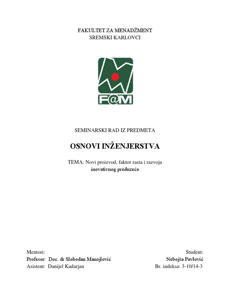 Novi Proizvod, Faktor Rasta I Razvoja Inovativnog Preduzeća | PDF