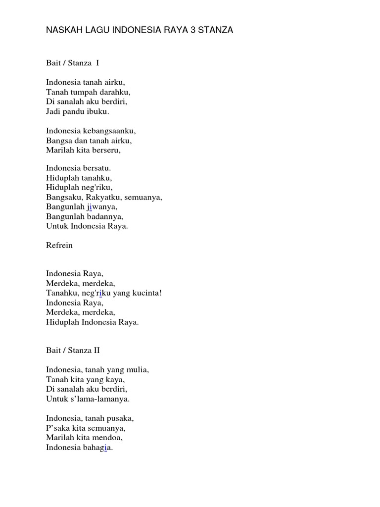 Naskah Lagu Indonesia Raya 3 Stanza | PDF