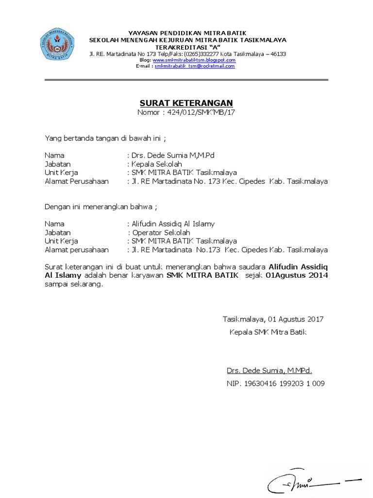  Surat Keterangan Kerja  Sekolah