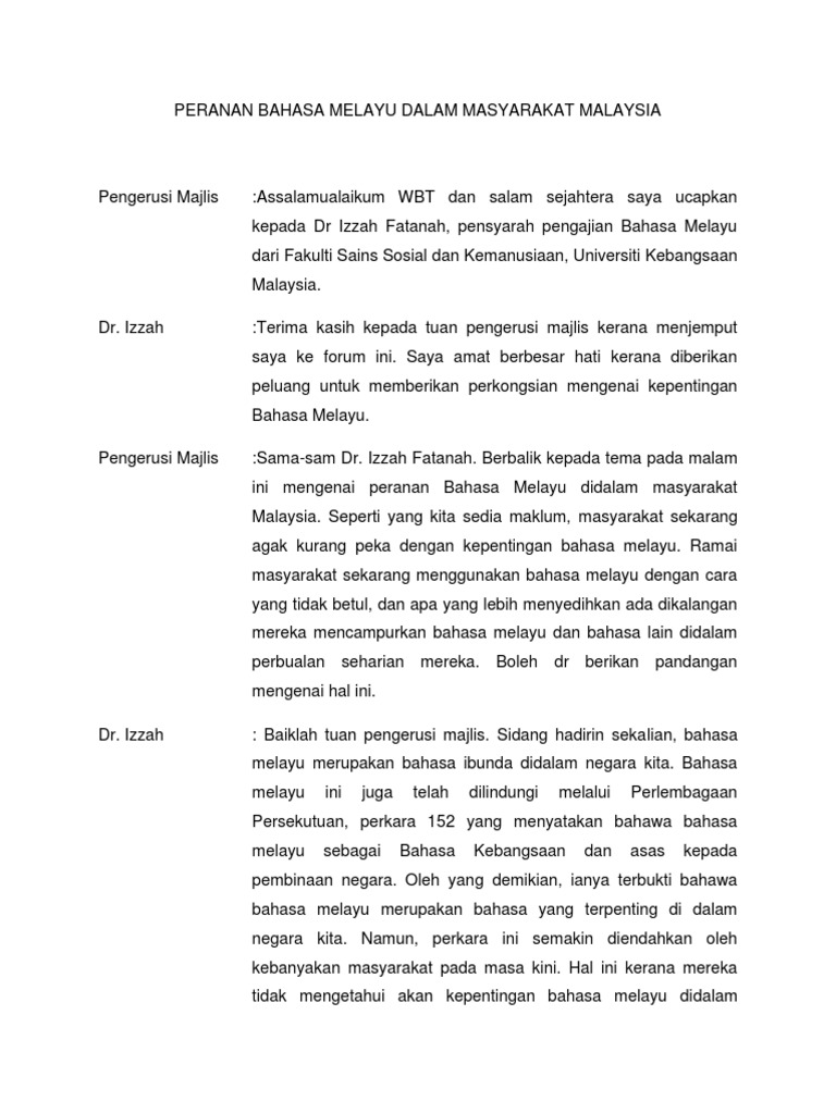 Peranan Bahasa Melayu Dalam Masyarakat Malaysia Pdf