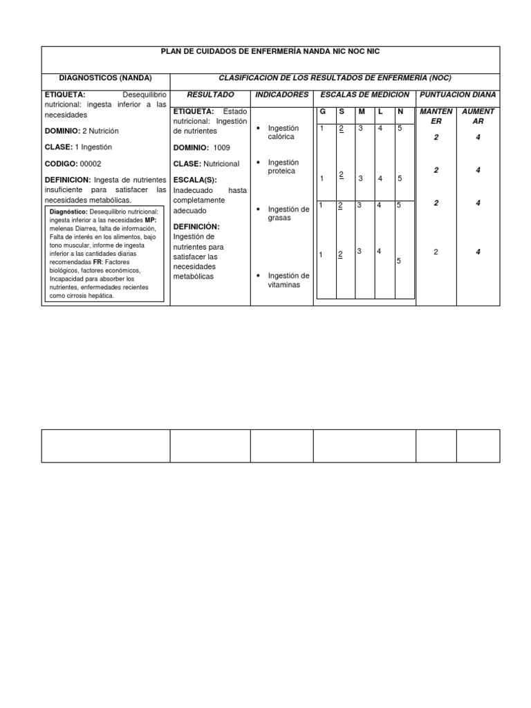 Plan de Cuidados de Enfermería Nanda Nic Noc Nic Nutrición Nutrientes