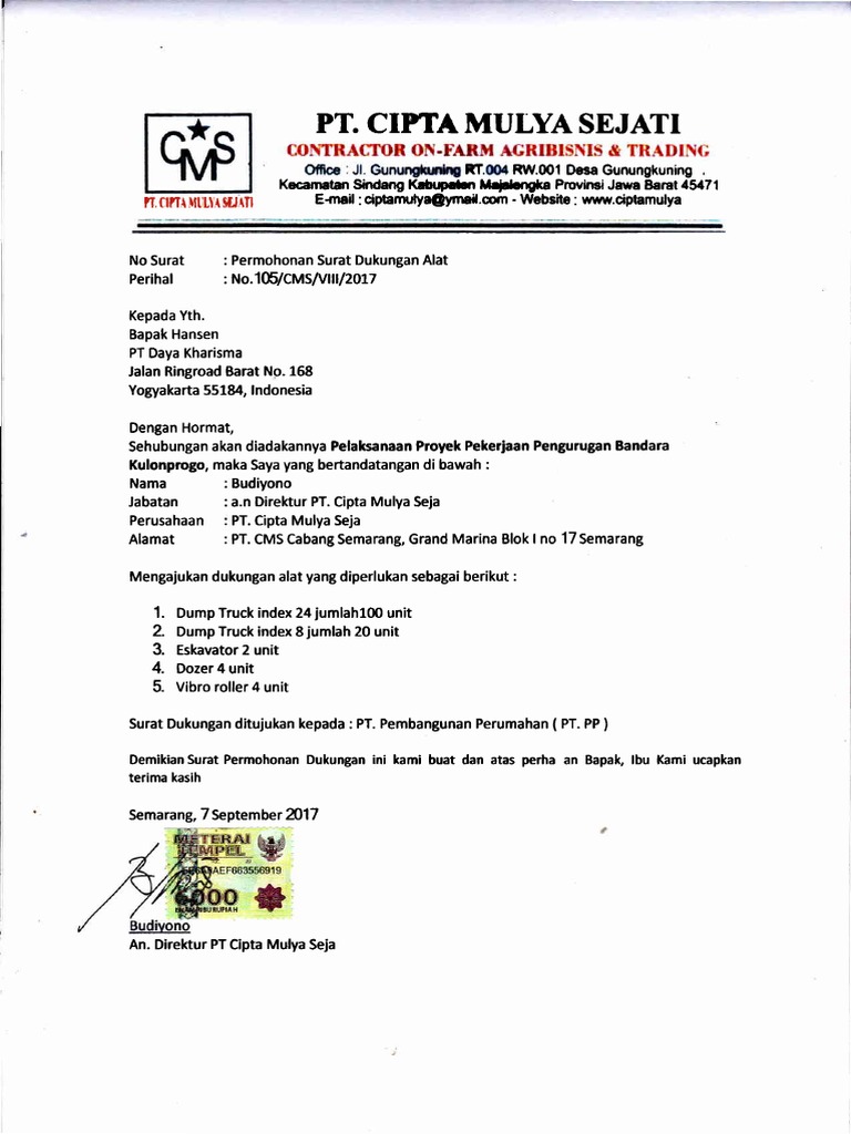 Contoh Surat Dukungan Alat Dhirajamal