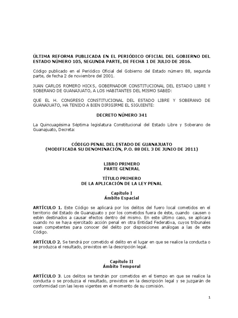Codigo Penal Del Estado de Guanajuato p.o. 01 Jul 2016 Derecho penal