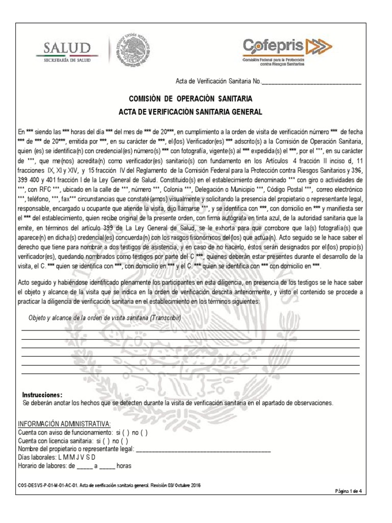 Acta de Verificación Sanitaria COFEPRIS | PDF
