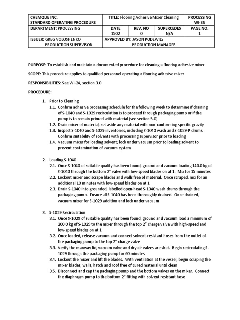 Reactor Cleaning Standard Operating Procedure Valve Ventilation