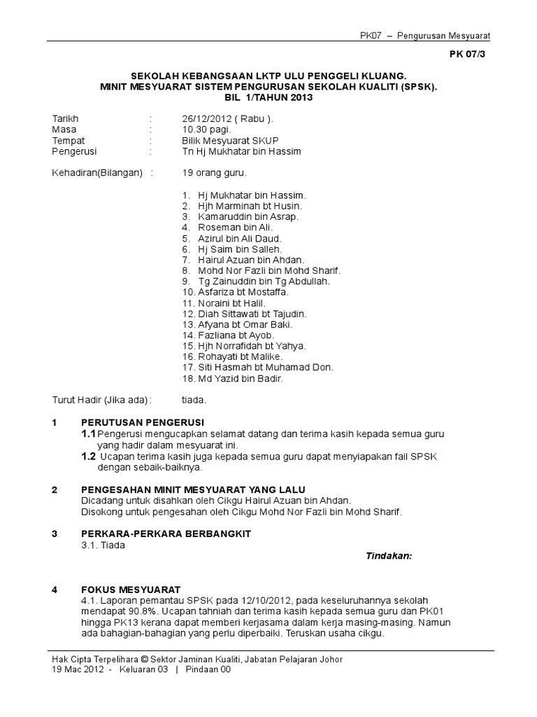 Contoh Minit Mesyuarat