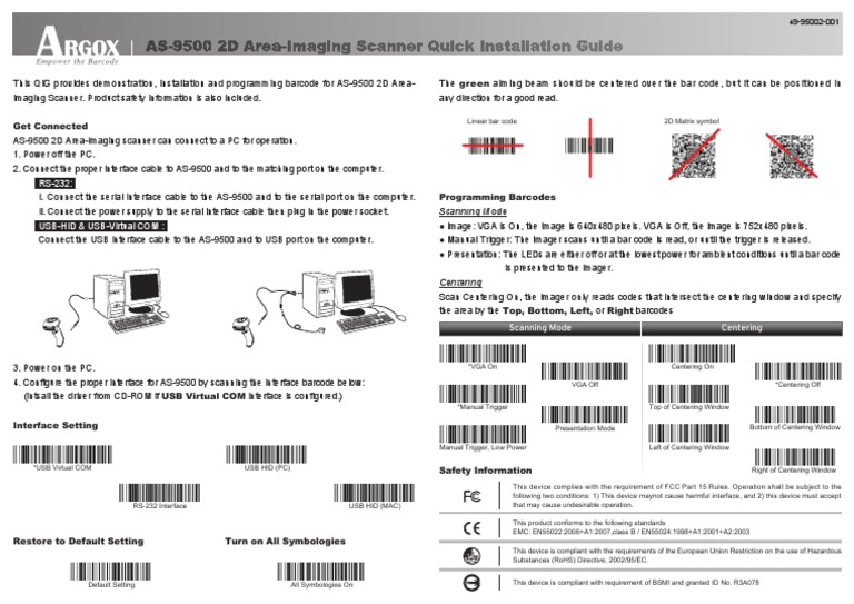AS-9500 Scanner Quick Installation Guide | PDF | Barcode | Usb