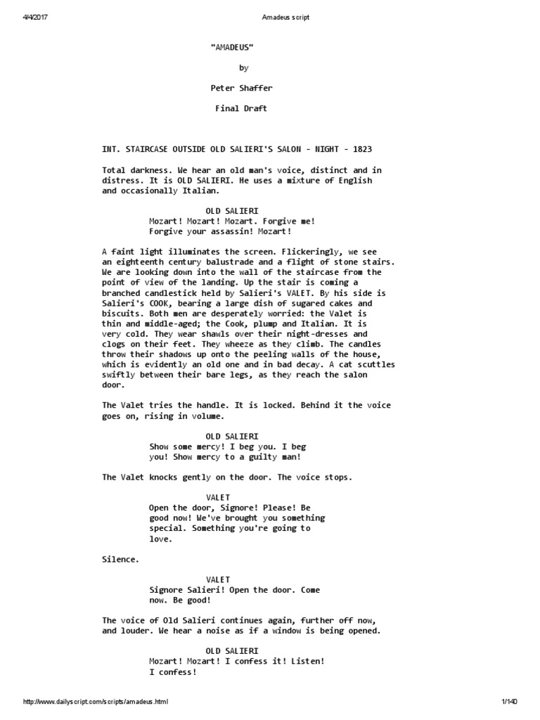 Amadeus Script Wolfgang Amadeus Mozart Entertainment General