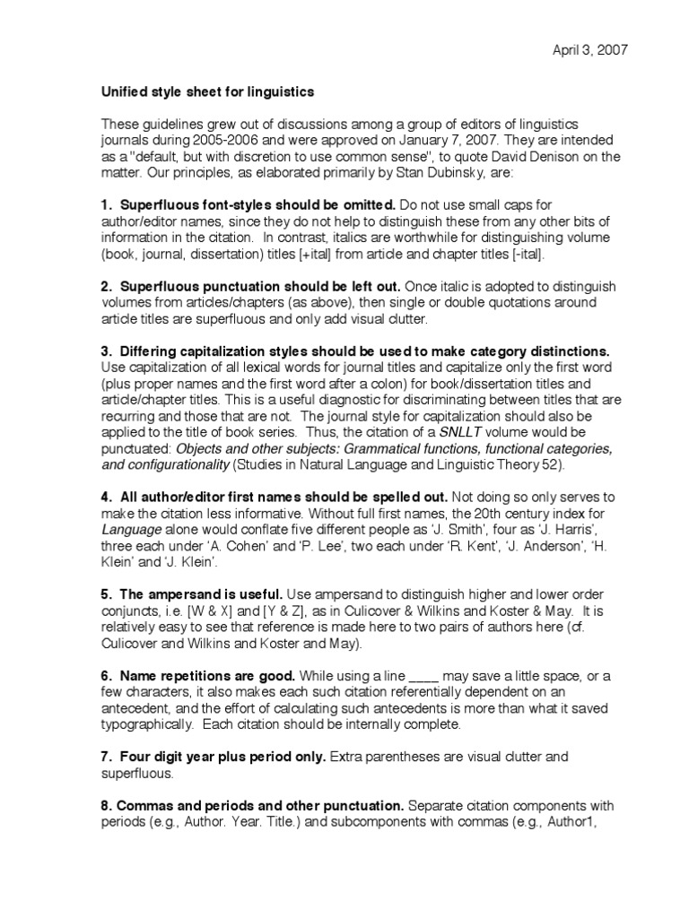 Unified Style Sheet For Linguistics - Reference Lists Only PDF | PDF ...