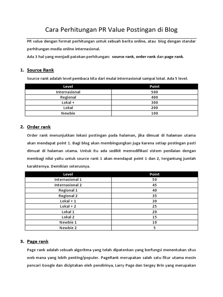 Perhitungan PR Value Blog secara Detail | PDF