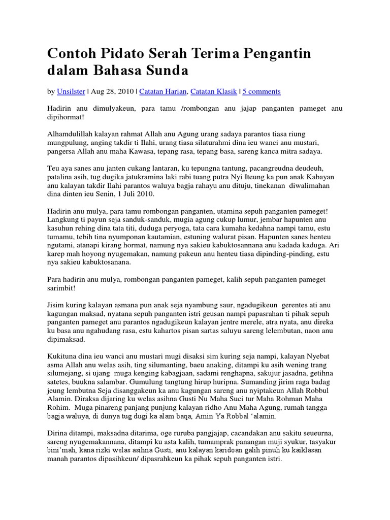 Contoh Pidato Serah Terima Pengantin Dalam Bahasa Sunda 