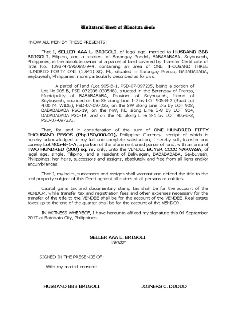 Unilateral Deed of Absolute Sale.docx Land Law Civil Law Law)