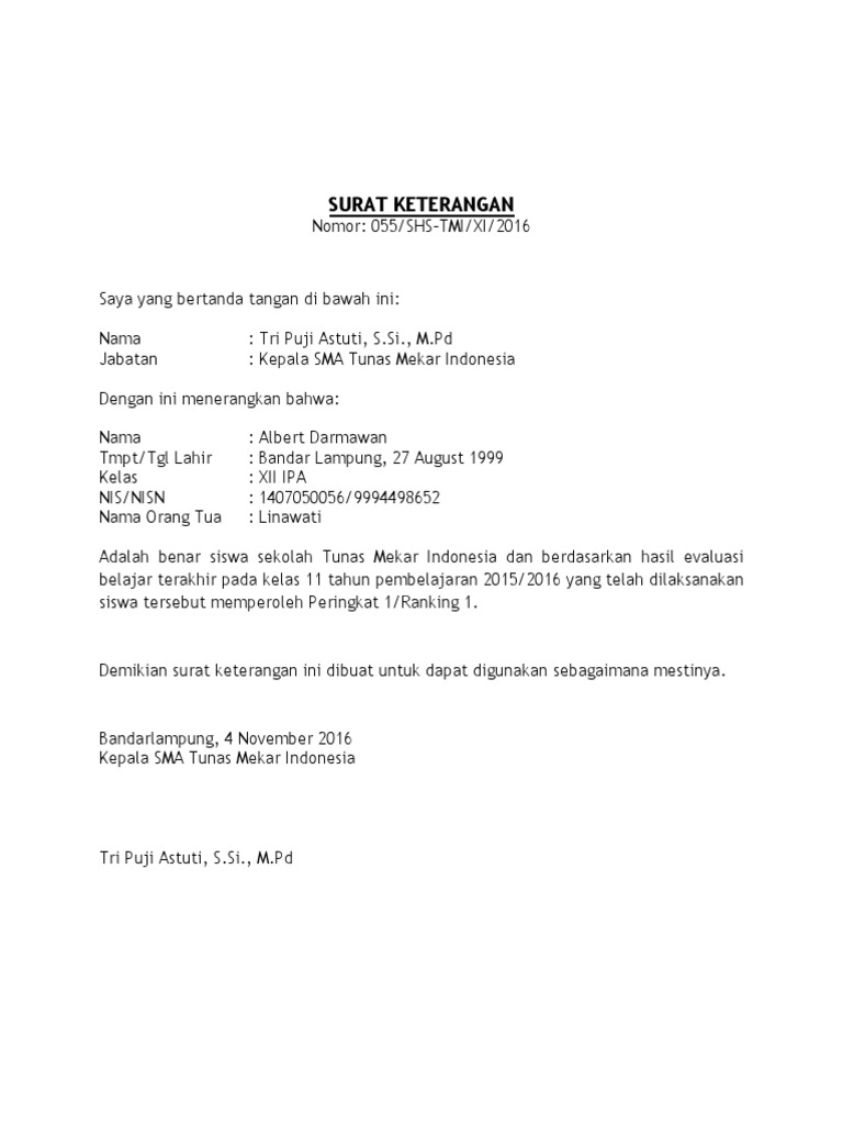 Surat Keterangan Rangking