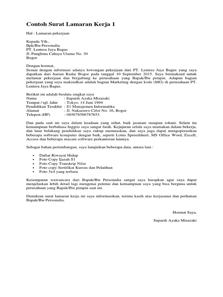 Contoh Surat Lamaran Kerja 1 Pdf