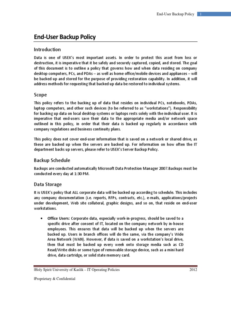 EndUser Backup Policy PDF Backup Computer Data Storage