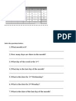 Monthly calendar worksheet with 7 questions