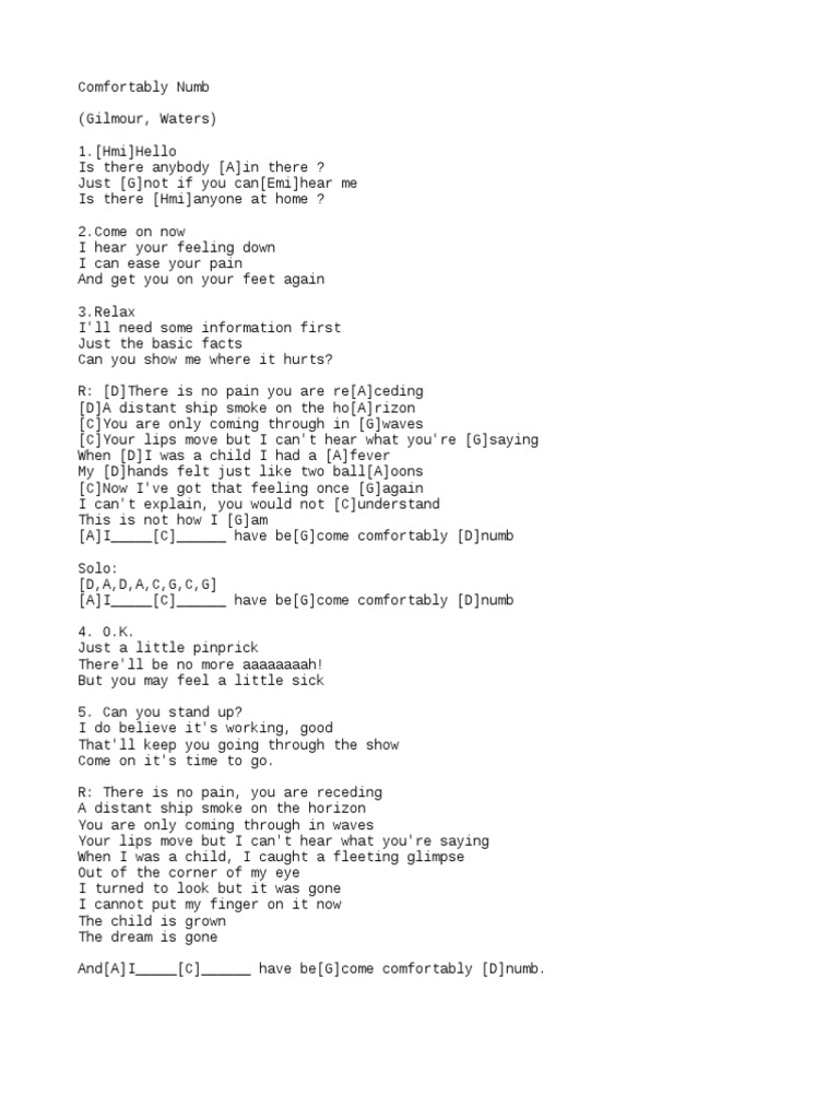 Pink Floyd Comfortably Numb Chords