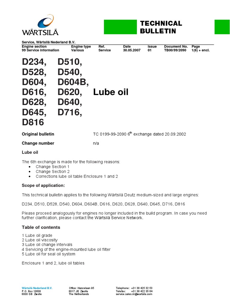 Wärtsilä technical bulletin on engine lube oil specifications PDF