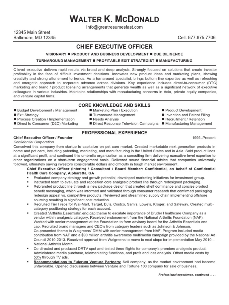 Chief Executive Officer Resume Sample | PDF | Investor | Strategic ...