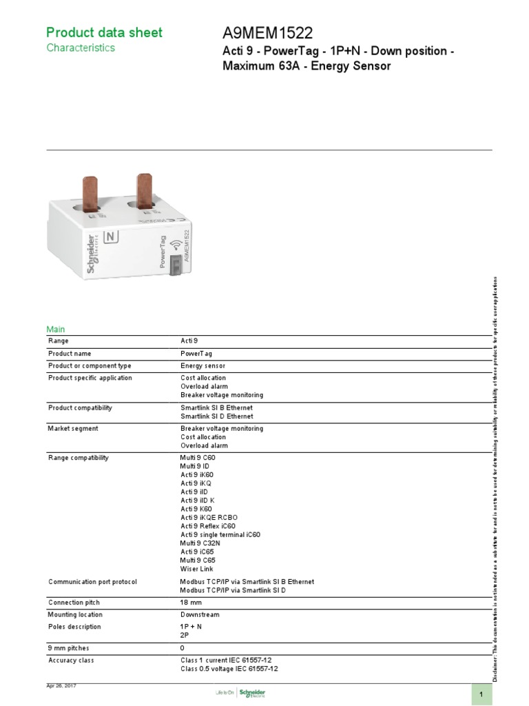 Acti 9 PowerTag Energy Sensor Data | PDF | Ethernet | Transmission ...