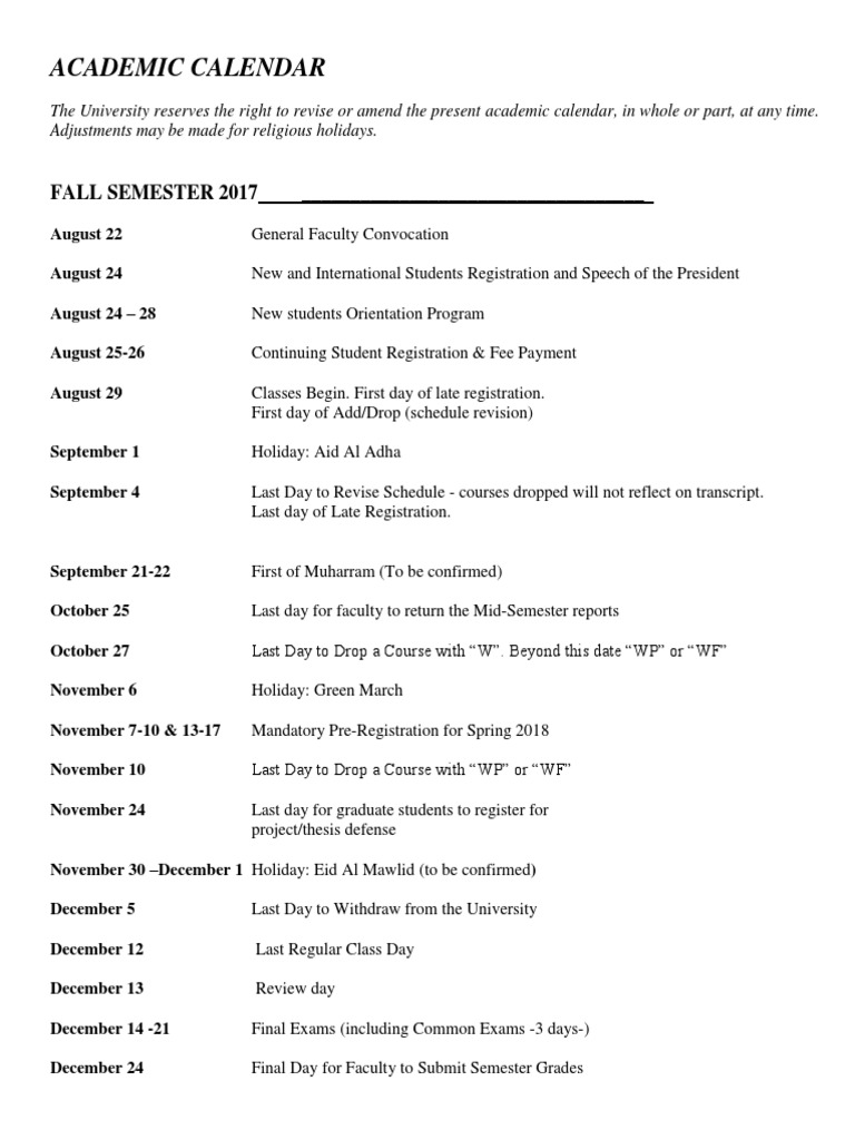 2017 2018Al Akhawayn University Academic Calendar PDF Academic