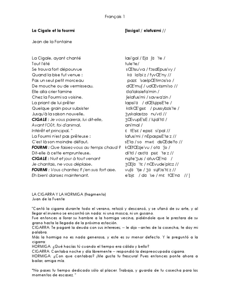 La Cigale Et La Fourmi Texte Word La Cigale Et La Fourmi Phonétique | PDF