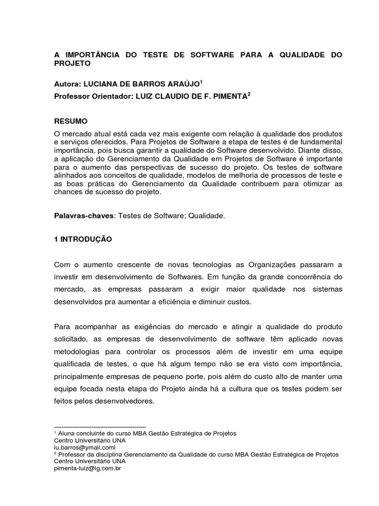Teste de Software e Qualidade de Projetos | PDF | Qualidade (negócios ...